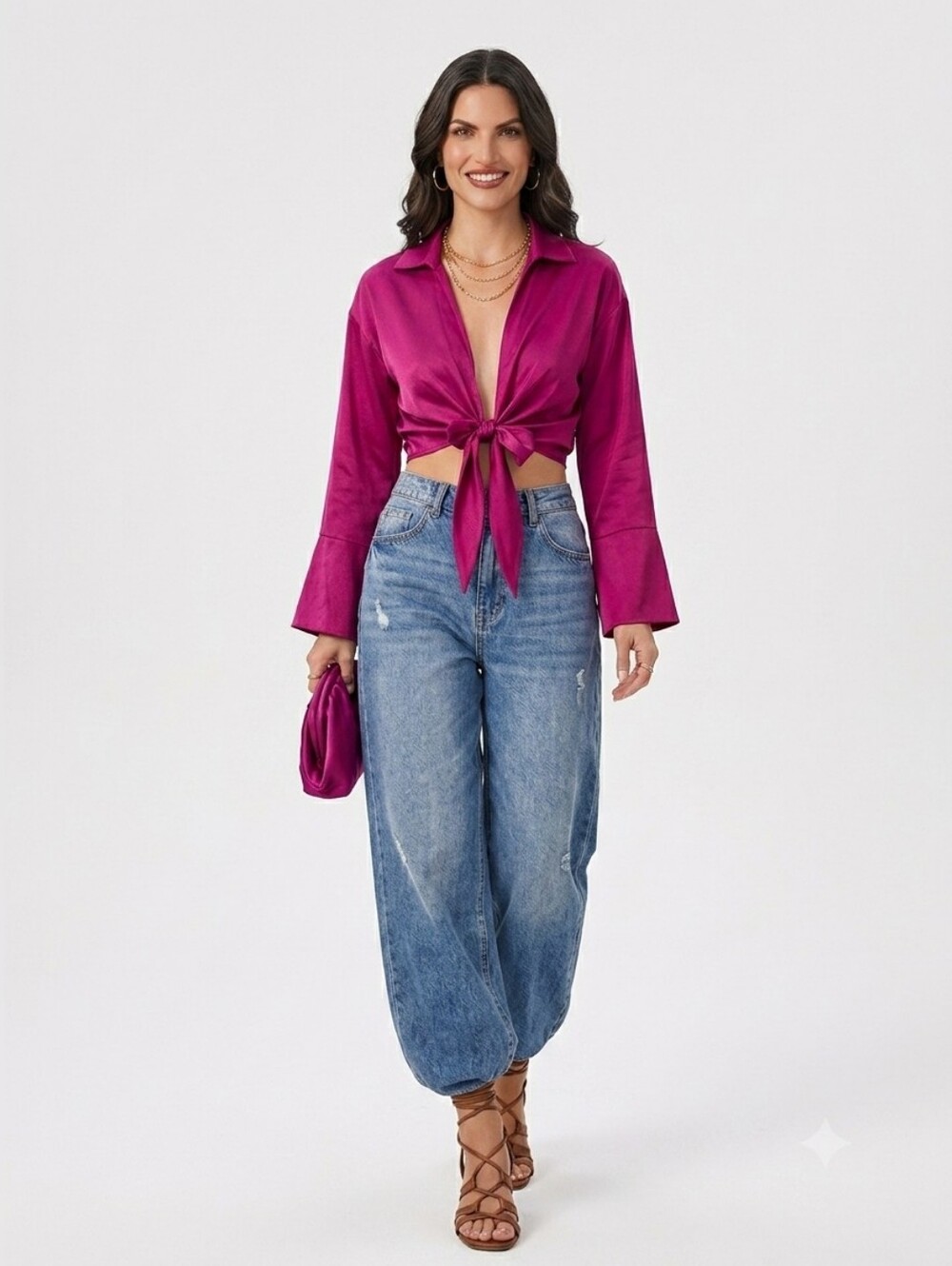 House of Harlow 1960 Fuchsia Satin Tie-Front Long Sleeve Blouse - Size M - Picture 6 of 11